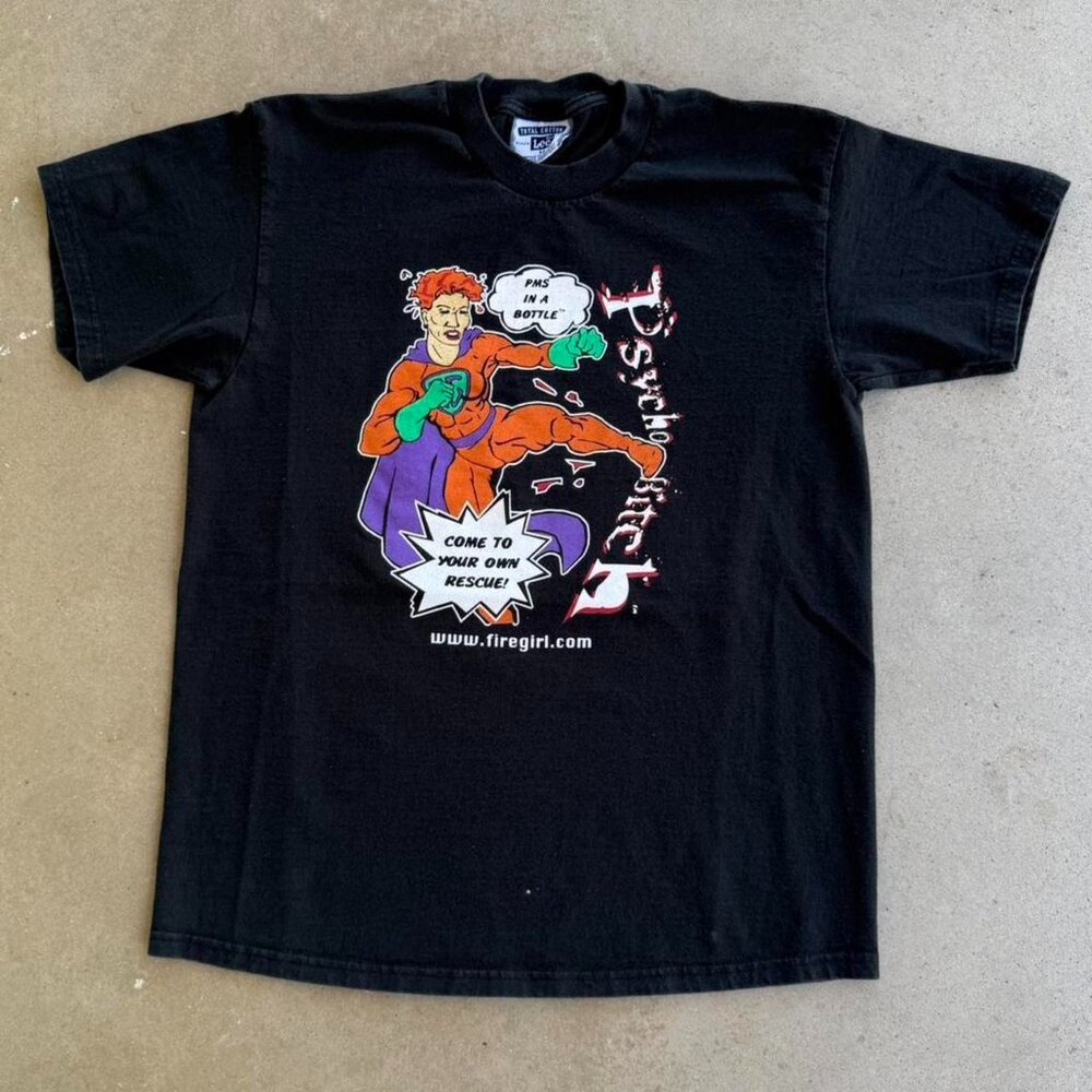 VINTAGE 90s PSYCHO B*TCH FIREGIRL SUPERWOMEN BLACK GRAPHIC TEE